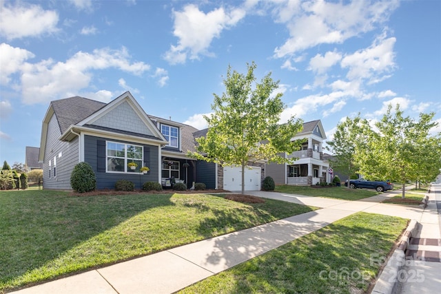 view of front facade featuring an attached garage, driveway, a shingled roof, and a front lawn