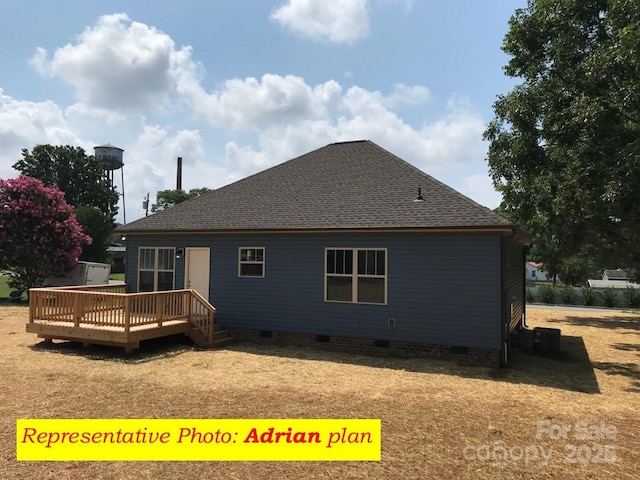 rear view of house with a shingled roof, central AC, crawl space, and a deck