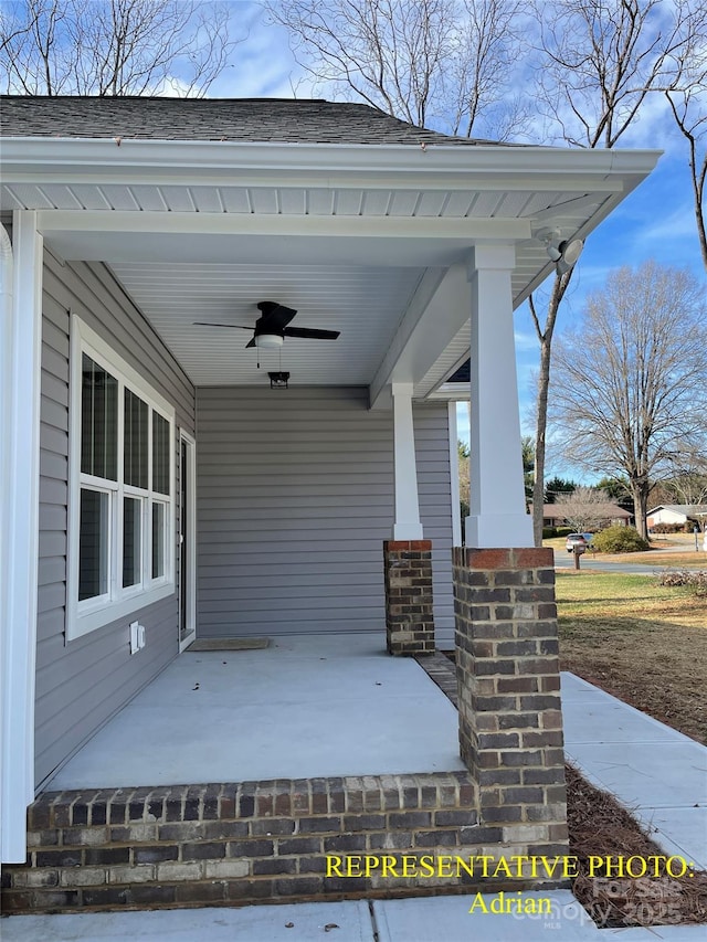 view of patio featuring a ceiling fan and covered porch