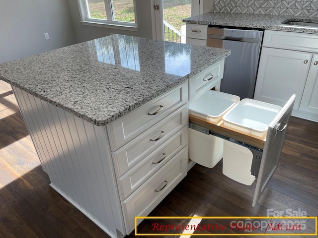 room details with a sink, stainless steel dishwasher, dark wood finished floors, and white cabinetry