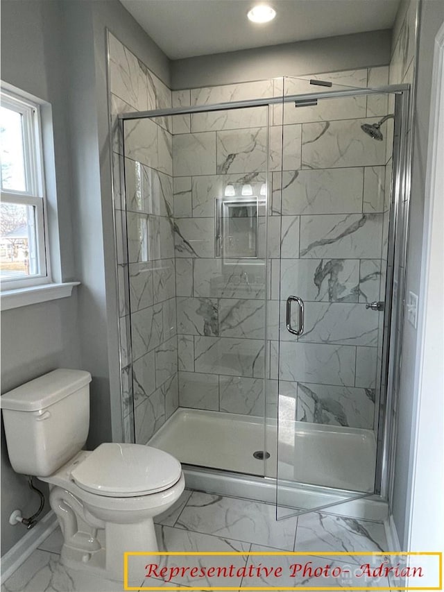 full bath with a shower stall, baseboards, toilet, marble finish floor, and recessed lighting
