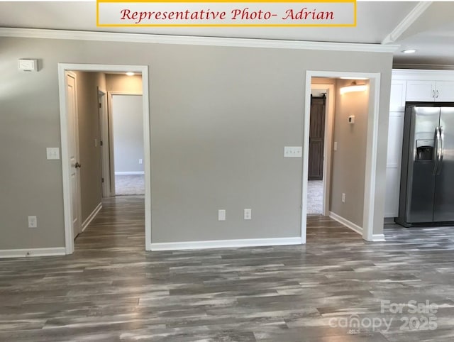 spare room featuring baseboards, ornamental molding, dark wood-style flooring, and recessed lighting