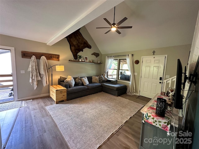 living room featuring beam ceiling, baseboards, high vaulted ceiling, dark wood-type flooring, and a ceiling fan