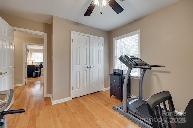 8525 Castlekeep Rd Unit 26, Charlotte, NC 28226 - workout room with ceiling fan, light wood-type flooring, healthy amount of natural light, and baseboards