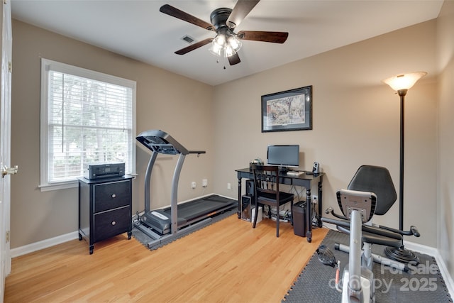 8525 Castlekeep Rd Unit 26, Charlotte, NC 28226 - workout room with light wood-type flooring, a ceiling fan, and baseboards