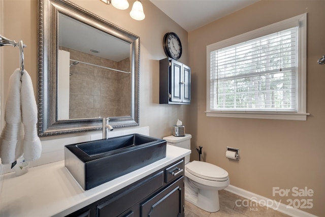8525 Castlekeep Rd Unit 26, Charlotte, NC 28226 - bathroom with toilet, tile patterned floors, vanity, a shower, and baseboards
