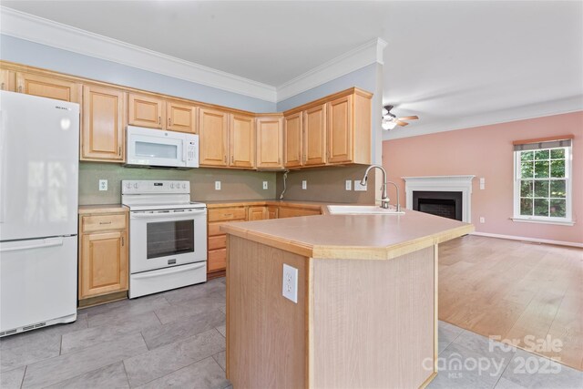 kitchen featuring crown molding, light brown cabinetry, white appliances, open floor plan, and a sink