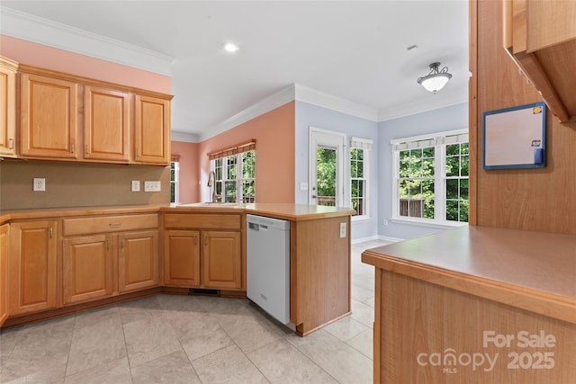 kitchen featuring crown molding, a peninsula, white dishwasher, light countertops, and light tile patterned floors
