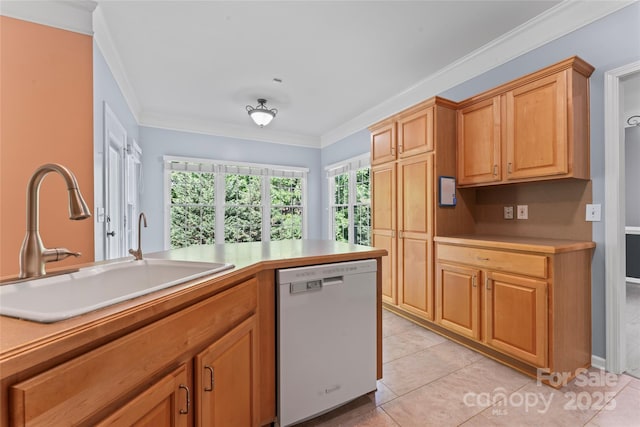 kitchen featuring crown molding, light tile patterned flooring, a sink, light countertops, and dishwashing machine