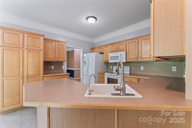 kitchen featuring crown molding, light brown cabinetry, a sink, a peninsula, and white appliances