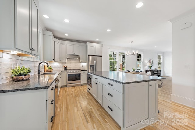 kitchen featuring decorative backsplash, under cabinet range hood, a sink, light wood finished floors, and appliances with stainless steel finishes