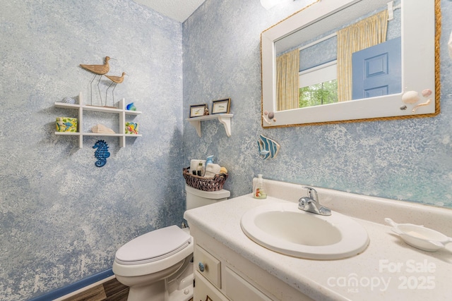 half bathroom with vanity, toilet, and wood finished floors