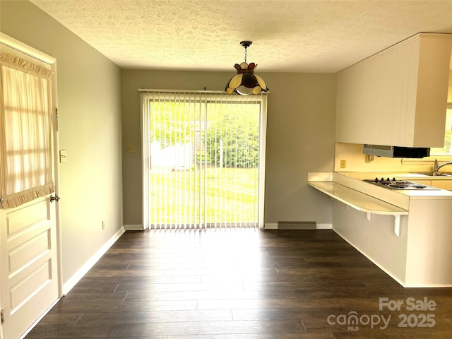 dining room with baseboards, dark wood finished floors, and a textured ceiling
