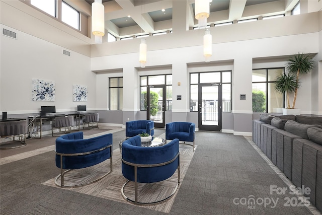 721 Governor Morrison St Unit 520, Charlotte, NC 28211 - common area with a high ceiling, coffered ceiling, and beamed ceiling
