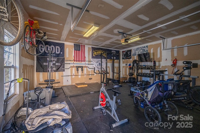 workout room featuring a garage