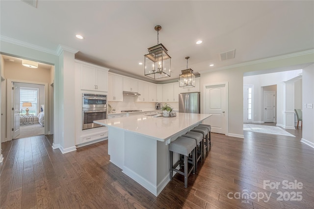 kitchen featuring crown molding, light countertops, white cabinets, a large island with sink, and stainless steel appliances