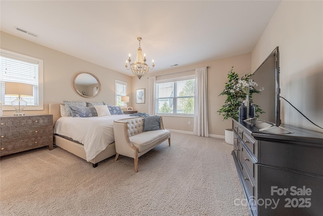 bedroom featuring baseboards, light carpet, a notable chandelier, and visible vents