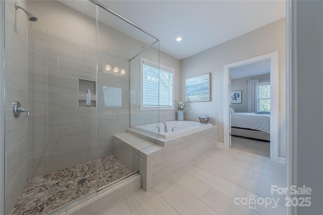 bathroom featuring connected bathroom, tile patterned flooring, a shower stall, and a bath
