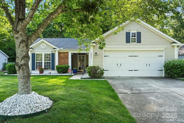 view of front of house featuring driveway, roof with shingles, brick siding, a front lawn, and an attached garage