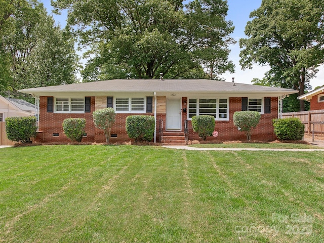 ranch-style house featuring crawl space, brick siding, fence, a front lawn, and entry steps