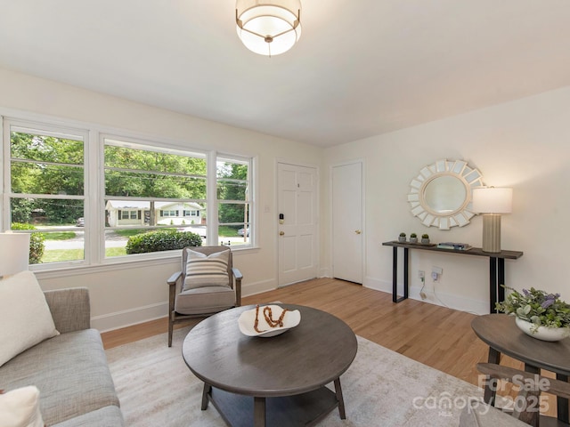 living area featuring baseboards, a healthy amount of sunlight, and light wood-style floors