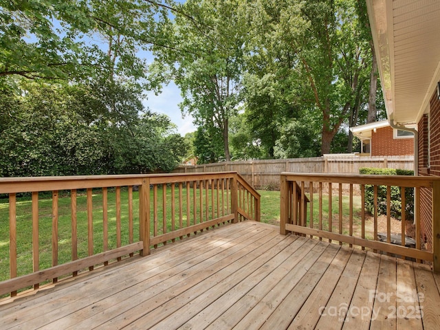 deck featuring a fenced backyard and a lawn