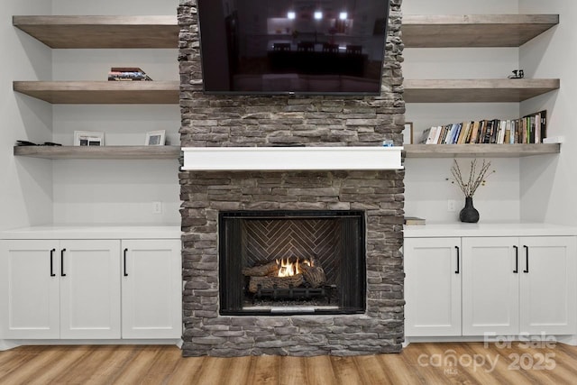 room details with wood finished floors and a fireplace
