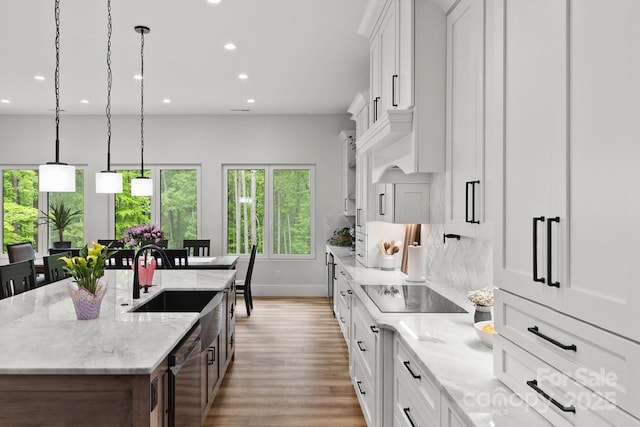 kitchen with stainless steel dishwasher, wood finished floors, a sink, black electric stovetop, and recessed lighting