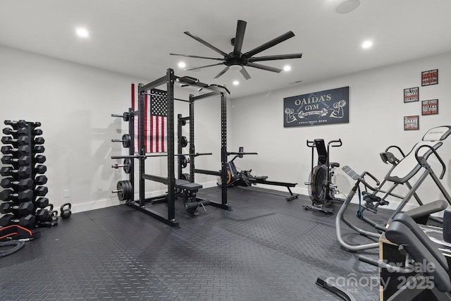 gym with baseboards, ceiling fan, and recessed lighting