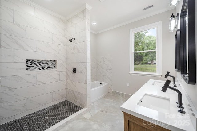 bathroom featuring a garden tub, visible vents, crown molding, marble finish floor, and tiled shower