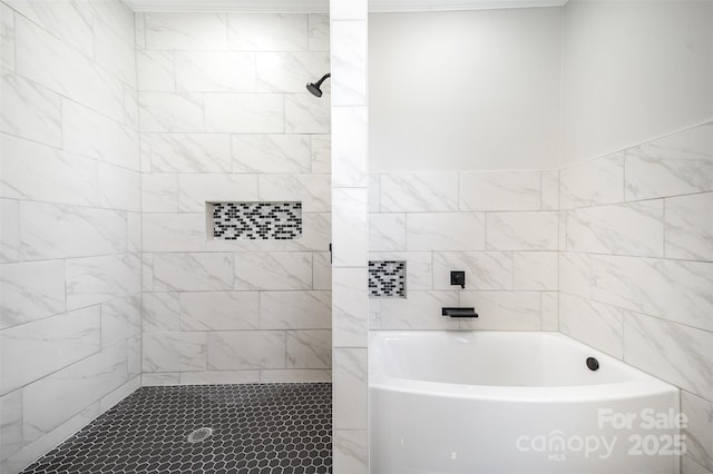 full bathroom featuring a tub and tiled shower