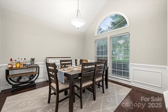dining area featuring wood finished floors, a wainscoted wall, high vaulted ceiling, and a decorative wall