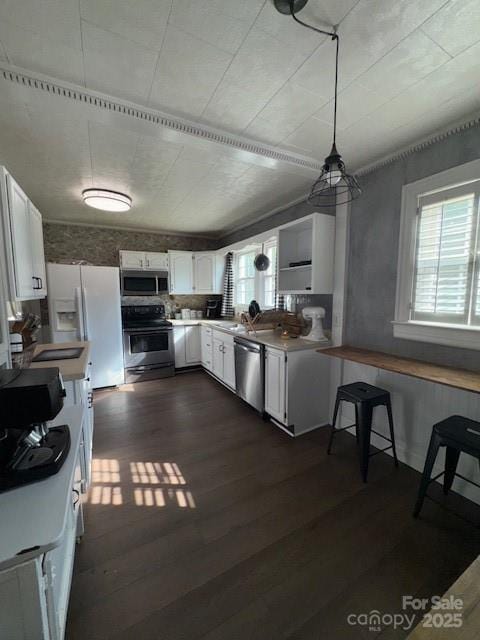 kitchen featuring white cabinetry, dark wood-style floors, a healthy amount of sunlight, and stainless steel appliances