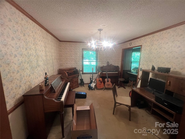 1502 Shelby Hwy, Cherryville, NC 28021 - carpeted office with crown molding, wallpapered walls, a textured ceiling, plenty of natural light, and a chandelier
