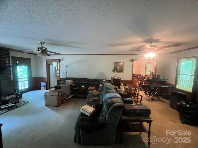 1502 Shelby Hwy, Cherryville, NC 28021 - living area with ceiling fan, a textured ceiling, and carpet flooring
