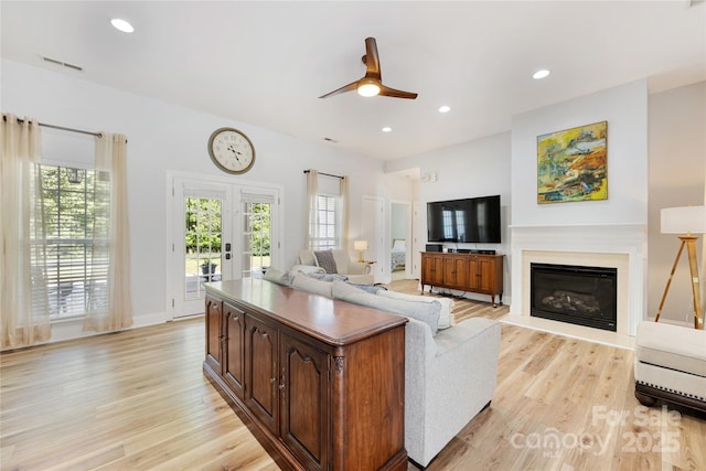 1728 Privette Rd, Matthews, NC 28105 - living room with light wood finished floors, plenty of natural light, a glass covered fireplace, and recessed lighting