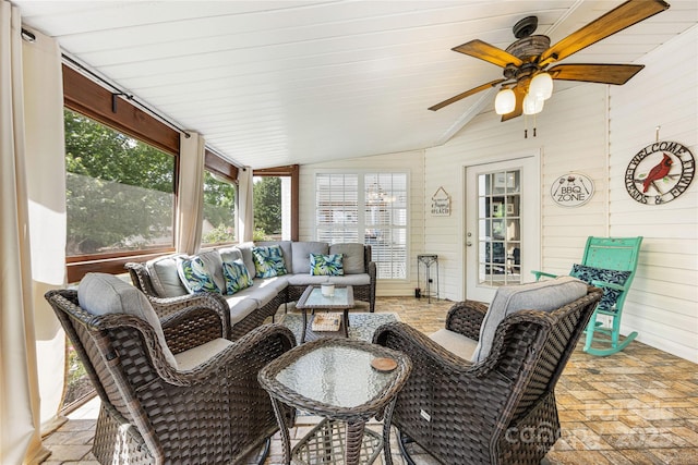 1728 Privette Rd, Matthews, NC 28105 - sunroom / solarium with vaulted ceiling, a ceiling fan, outdoor lounge area, and wooden walls