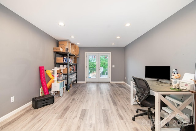 home office with recessed lighting, baseboards, french doors, and wood finished floors