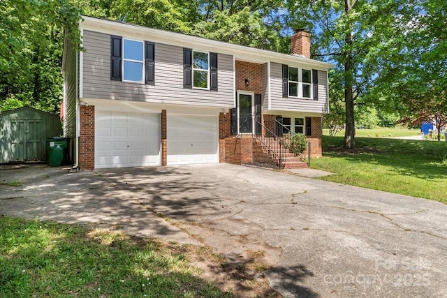 6839 Wagon Oak Rd, Charlotte, NC 28212 - bi-level home featuring a garage, a chimney, a shed, brick siding, and driveway