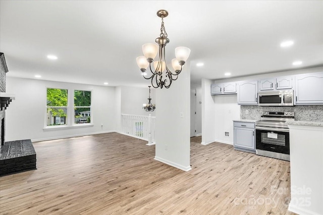 6839 Wagon Oak Rd, Charlotte, NC 28212 - kitchen featuring stainless steel appliances, an inviting chandelier, open floor plan, decorative backsplash, and light countertops