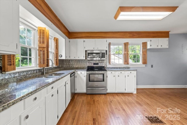 kitchen featuring a sink, white cabinets, a healthy amount of sunlight, and stainless steel appliances
