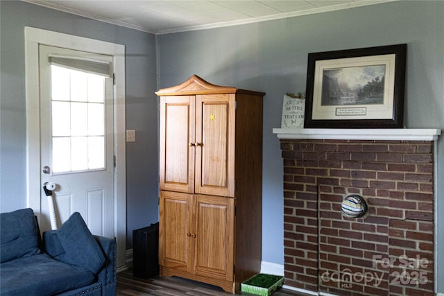 interior space with ornamental molding and dark wood finished floors