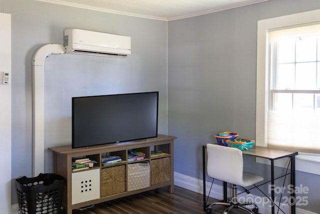 office space with baseboards, dark wood-style floors, ornamental molding, and a wall mounted air conditioner
