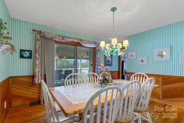dining area with a wainscoted wall, wood finished floors, visible vents, an inviting chandelier, and wallpapered walls