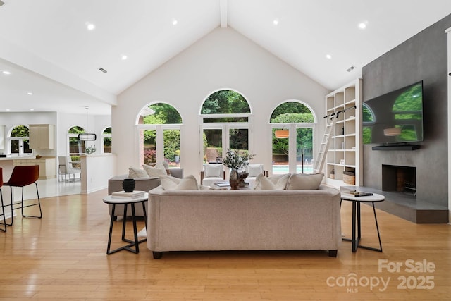 1245 Bellemeade Ln, Charlotte, NC 28270 - living area with high vaulted ceiling, light wood-style floors, a fireplace, healthy amount of natural light, and recessed lighting