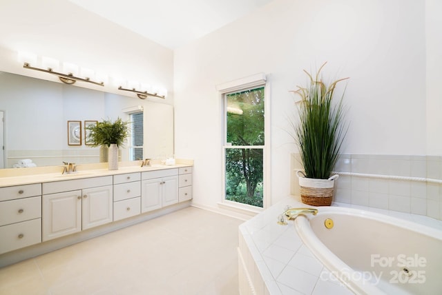 1245 Bellemeade Ln, Charlotte, NC 28270 - bathroom with a garden tub, double vanity, and tile patterned flooring