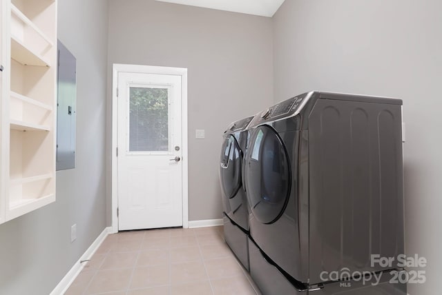 1245 Bellemeade Ln, Charlotte, NC 28270 - laundry room with separate washer and dryer, baseboards, electric panel, and light tile patterned floors