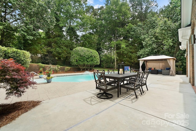 1245 Bellemeade Ln, Charlotte, NC 28270 - view of swimming pool with an outdoor living space, a patio area, a gazebo, view of scattered trees, and outdoor dining space