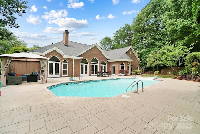 1245 Bellemeade Ln, Charlotte, NC 28270 - view of pool with french doors, an outdoor hangout area, a patio area, a gazebo, and fence