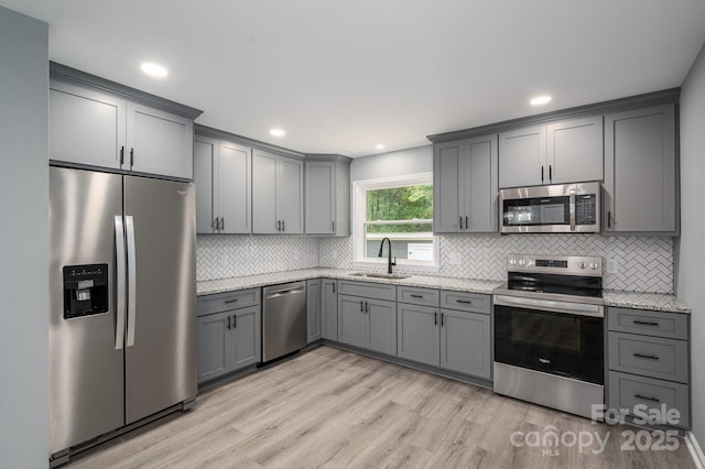1428 E Main St, Cherryville, NC 28021 - kitchen with appliances with stainless steel finishes, gray cabinetry, a sink, light stone counters, and recessed lighting